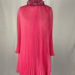 Michele Dorian Vintage Hot Pink Pleated Chiffon Dress with Embellished Neckline